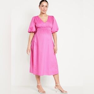 NEW…Maternity Pink Puff Sleeve V-Neck Midi Dress